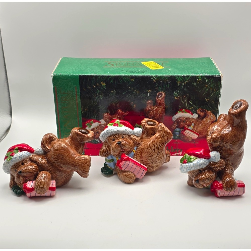 Signature Home Collection Bear & Puppy Christmas Figurines Set 4 Boxed